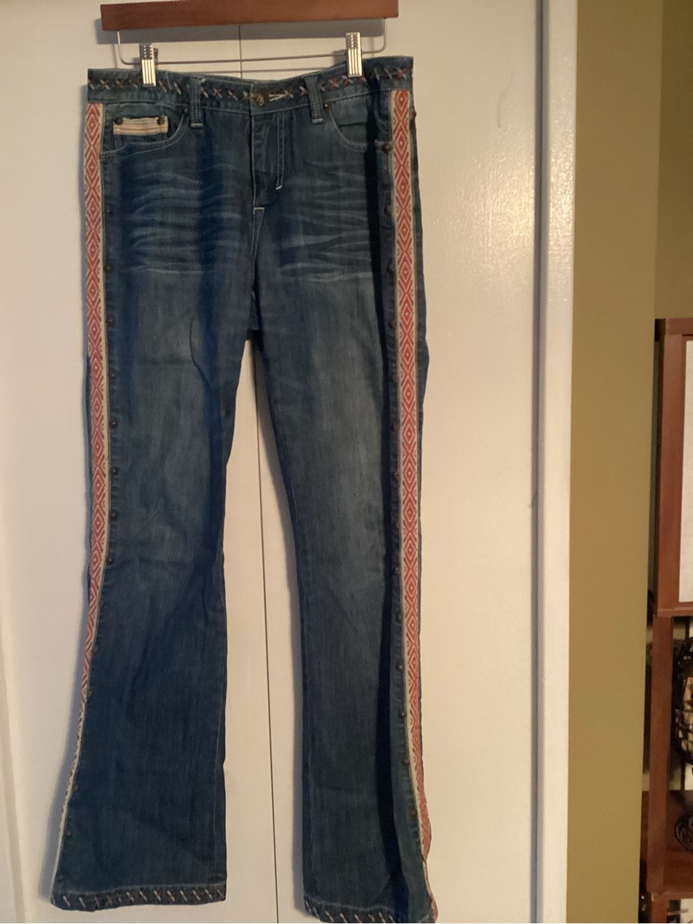 Double D Ranch Blue Denim Flare Jeans with Orange Aztec Side Stripe